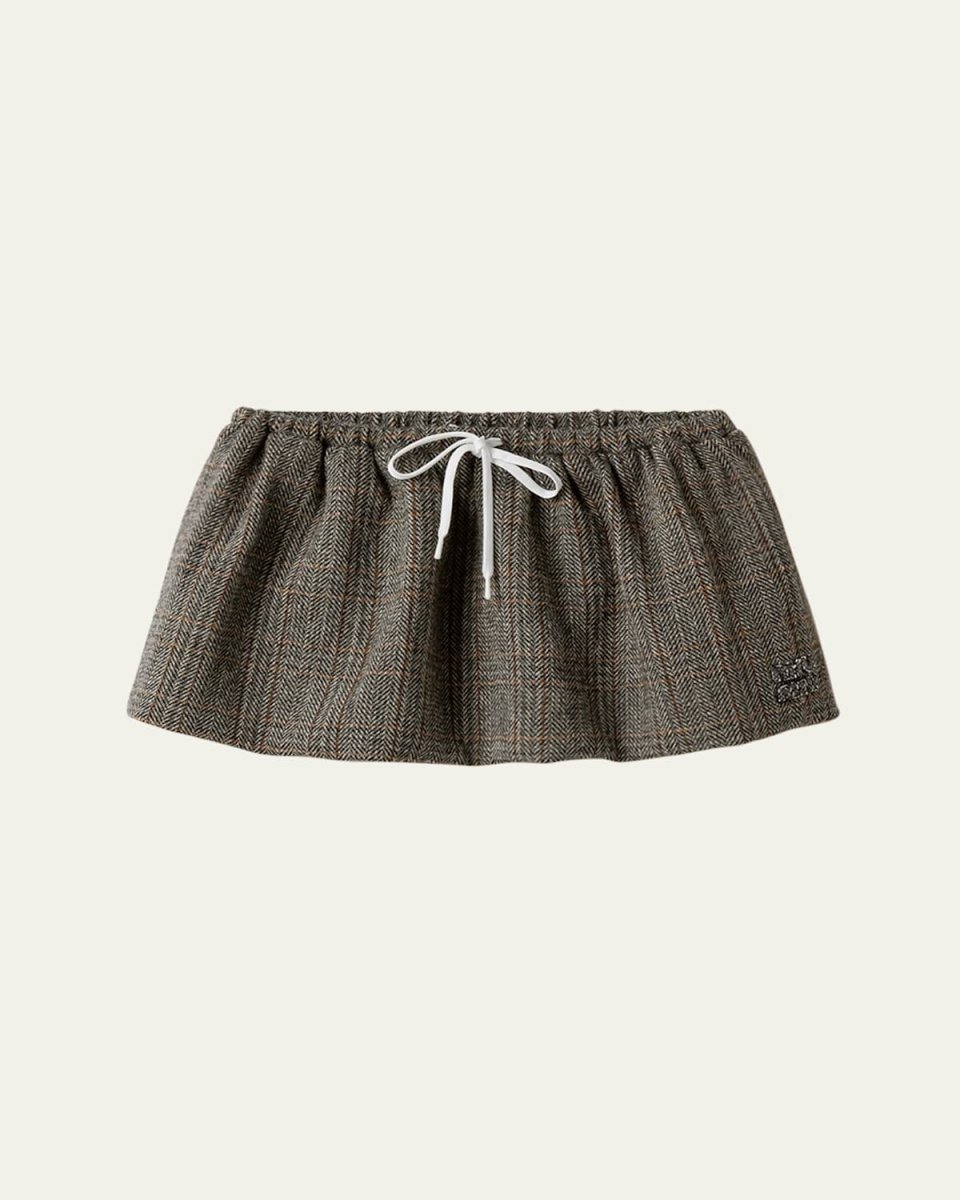 Drawstring Wool Herringbone Mini Skirt